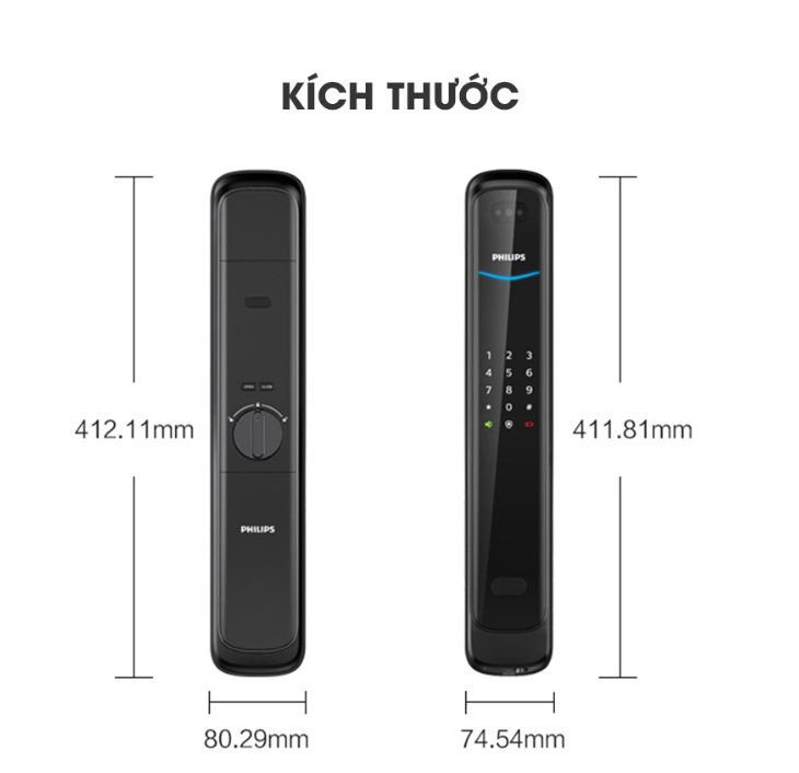 Kích thước khoá vân tay Philips DDL702-8HWS (3D face)