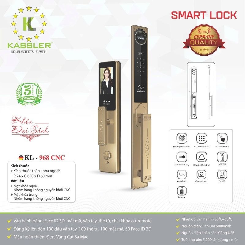 Khóa Cửa Thông Minh Face ID Kassler KL-968 CNC