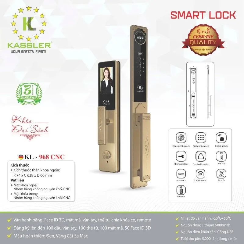 Khóa Cửa Thông Minh Face ID Kassler KL-968 CNC