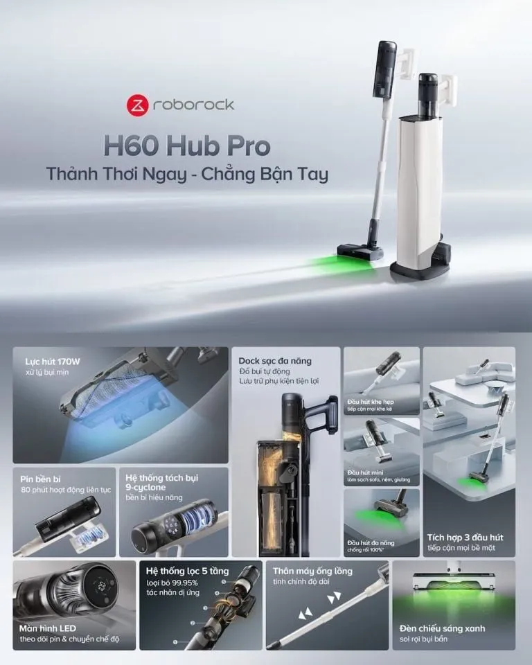 Robot Hút Bụi Cầm Tay Roborock H60 Hub Pro